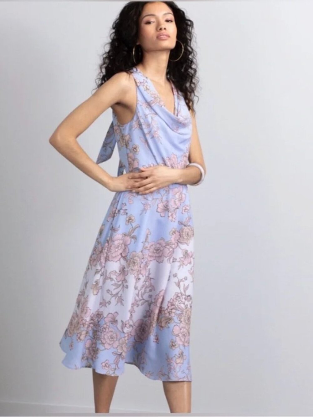 Vince Camuto pale blue & pink floral drape neck midi dress size 6